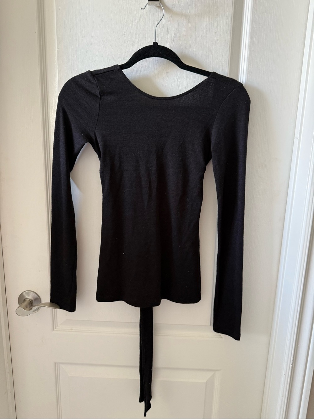 Black Long Sleeve Women's Top by Wilfred free. Deep back w wrap strings